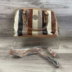 Giani Bernini Patchwork Brown Stripe Dome Satchel Handbag 12” X 9”